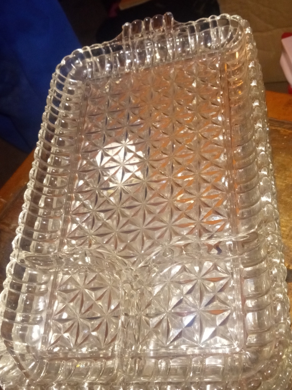 vintage Anchor Hocking clear glass snack or sandwich tray, from the 1950s.